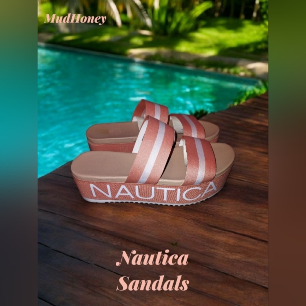 Nautica Women's Platform Striped Sandals - Coral and White Size 8